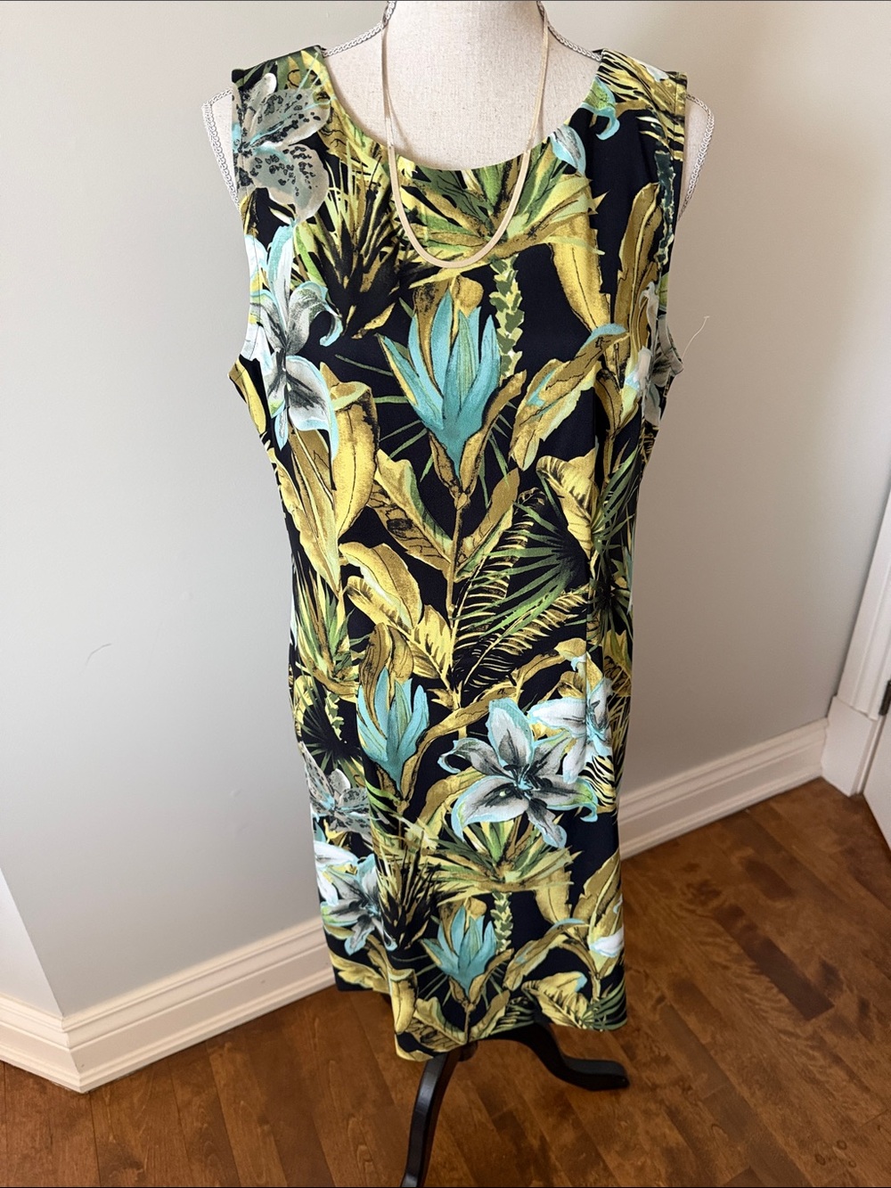 Black Floral Midi Sleeveless Dress with Yellow and Teal Leaves